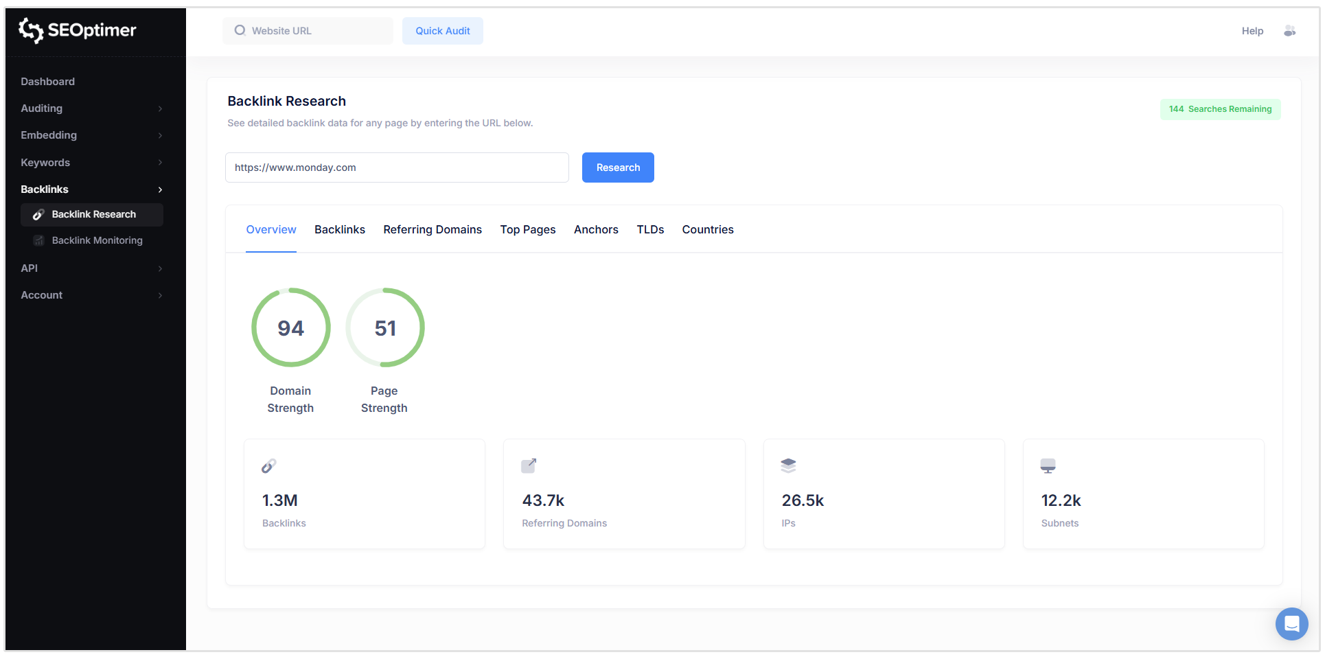 SEOptimer Backlink Research Overview tab